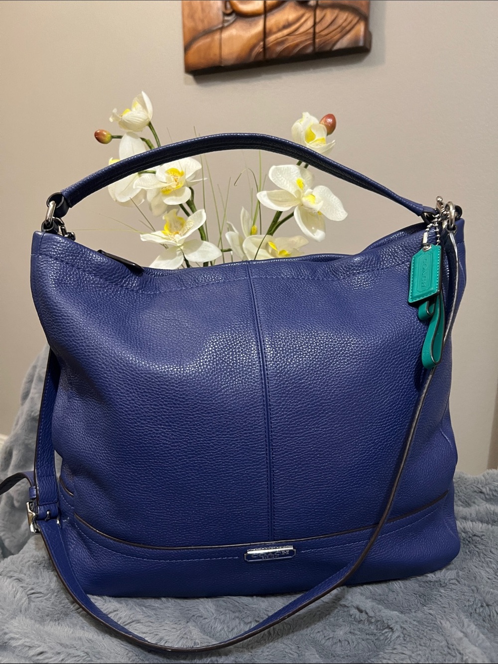 Coach Pebbled Leather Shoulder Hobo in Navy with Teal Accent